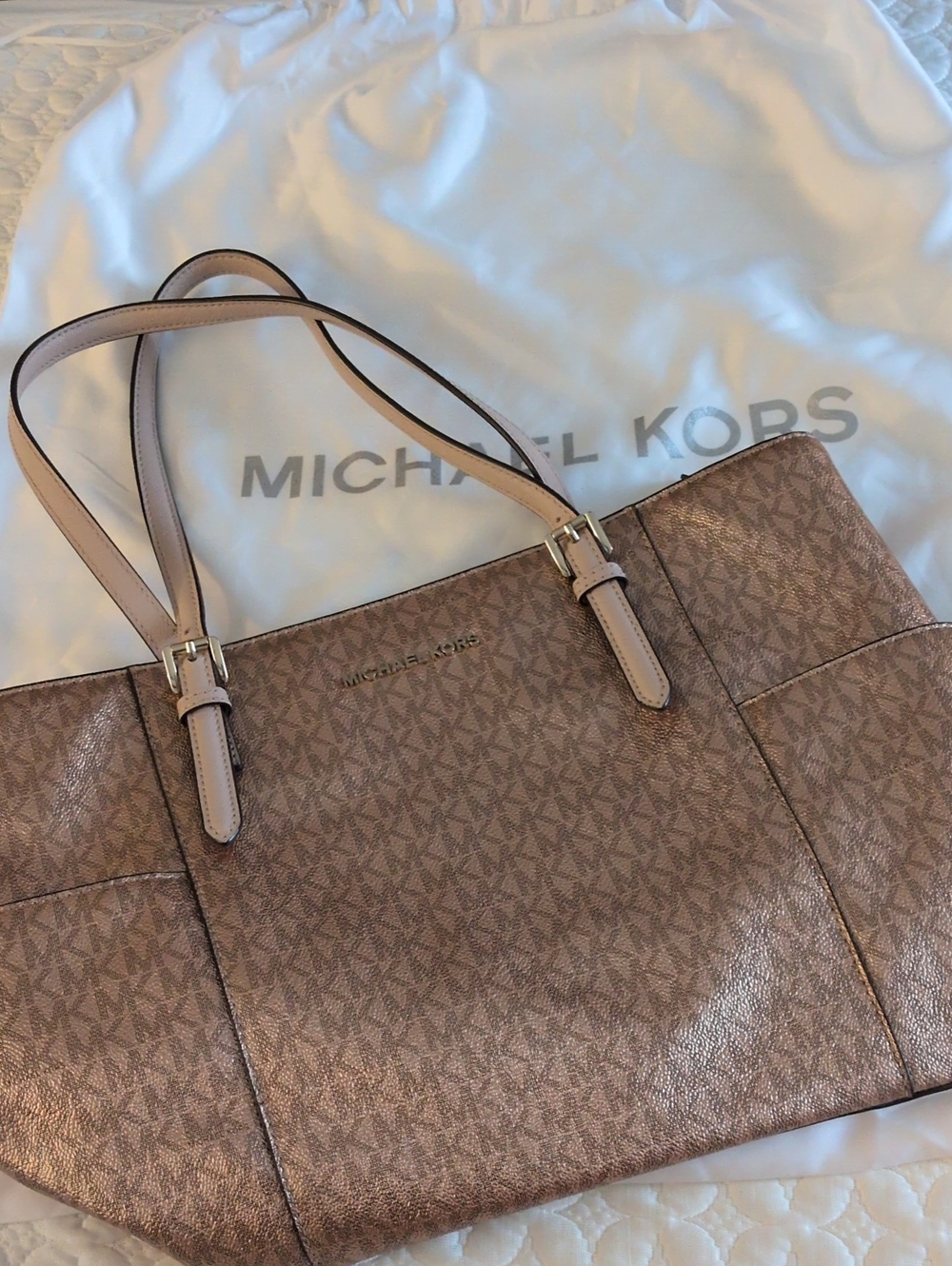 Michael Kors Metallic Rose Gold Logo Shoulder Tote